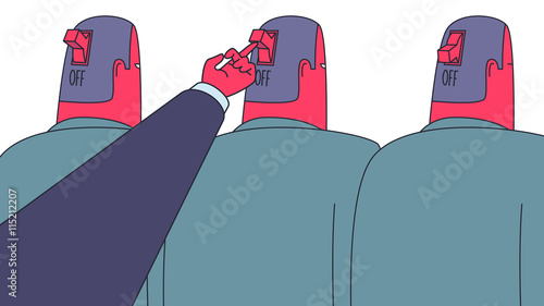 Male hand switching on power switchers in men's heads. Motivation concept illustration.