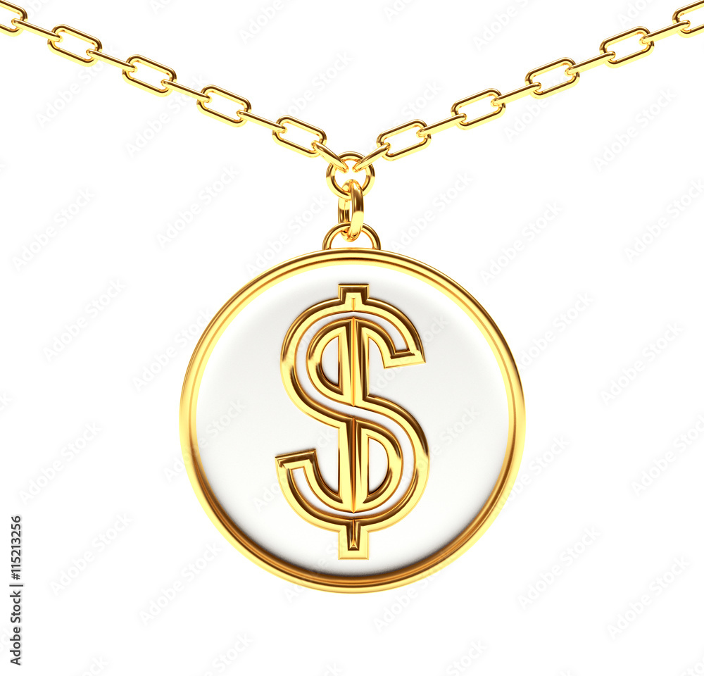Golden medallion with dollar sign on a chain isolated on white background. Golden medallion with dollar sign on a chain isolated on white background.