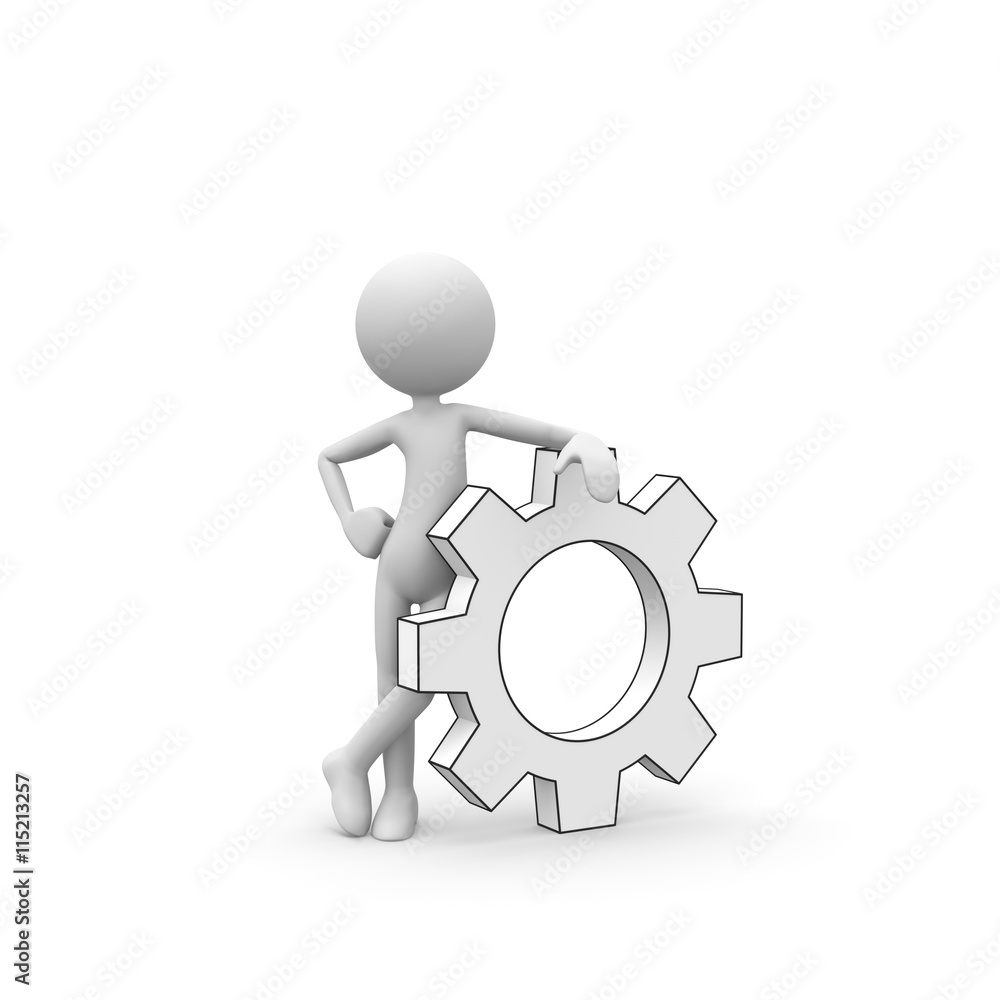 3D Cartoon Karakter - Weißes kleines 3D Männchen als Mechaniker posiert mit einem  Zahnrad Symbol. Schwarzweiß rendering isoliert auf weißem Hintergrund mit  sanftem Schatten auf dem Boden. Stock Illustration