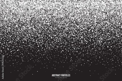 Abstract bright white shimmer glowing round particles vector background. Snowfall effect. Falling scatter shine tinsel light explosion. Celebration, holidays and party illustration