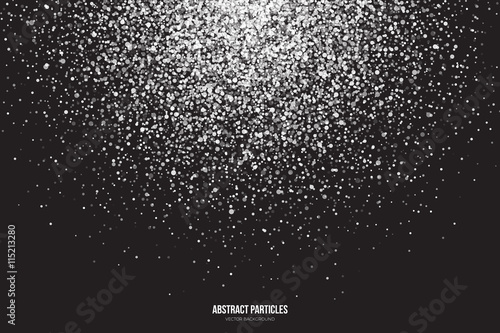 Abstract bright white shimmer glowing round particles vector background. Snowfall effect. Falling scatter shine tinsel light explosion. Celebration, holidays and party illustration