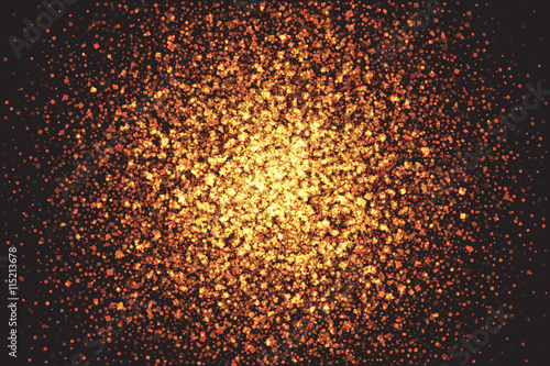 Abstract bright golden shimmer glowing square particles vector background. Scatter shine tinsel light explosion effect. Burning sparks wallpaper. Celebration, holidays and party illustration