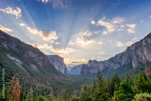 Sunrise at the tunnel View vista point at Yosemite National Park photo