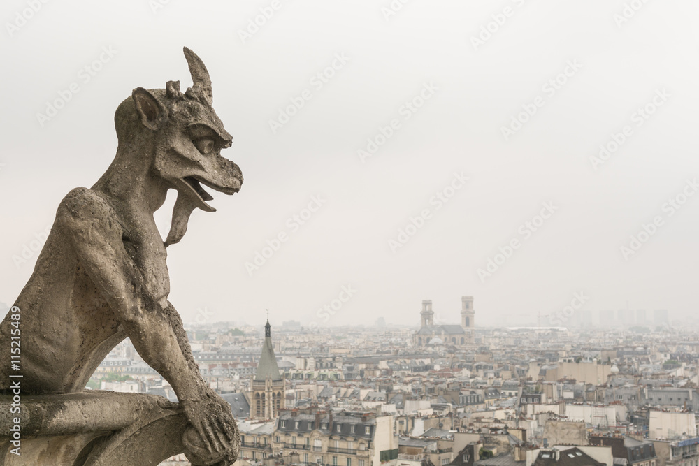 Gargoyle over paris at Notre Dame on an overcast day