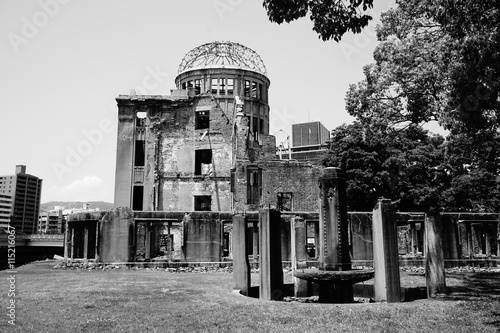Ruins of the grand Hiroshima dome as a symbol and memorial of Hiroshima's atomic disaster during the second World War, in the Hiroshima Peace Memorial Park, 

Japan.