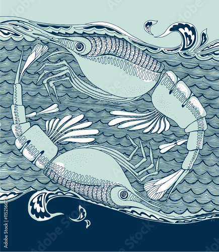 shrimp or prawn animal in decorative style. hand drawn vector illustration.