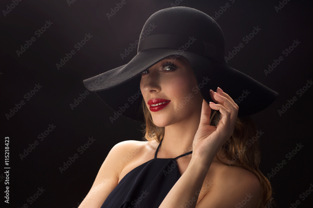 beautiful woman in black hat over dark background beautiful woman in black hat over dark background