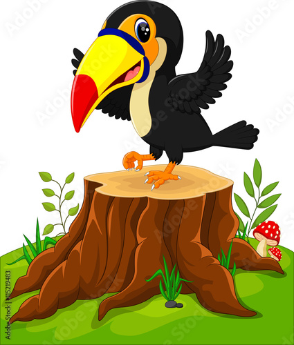 Cartoon happy toucan on tree stump