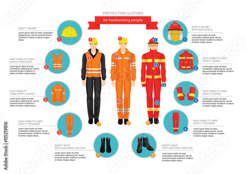 Infographics of professional uniform for hard-working people. Safety clothes and helmet. 