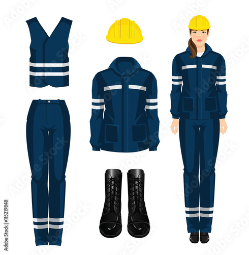 Woman worker in protective wear, black shoes and yellow safety helmet on white background