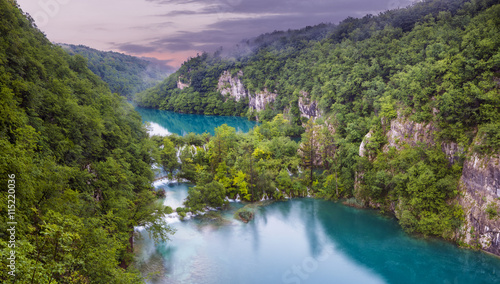 Plitvice waterfalls at sunrise 