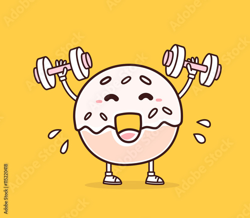 Vector illustration of bright color smile donut lifts dumbbells