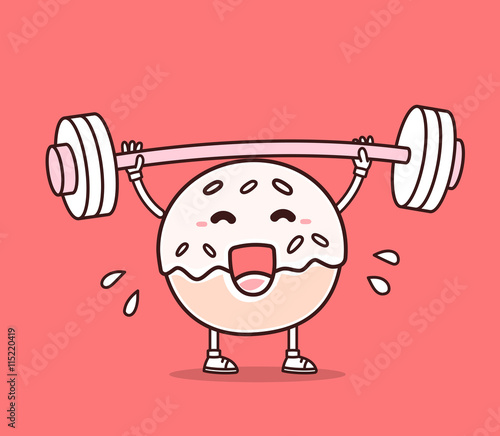 Vector illustration of bright color donut with barbell lifting w