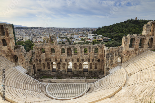 Theatre of Herod Atticus below the Acropolis with the Hill of Philippapos and city view, Athens, Greece photo
