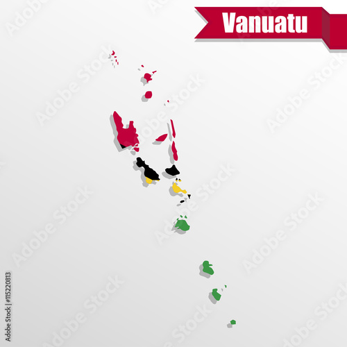 Vanuatu map with flag inside and ribbon