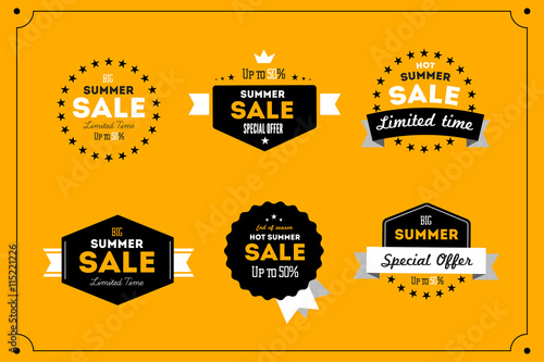 Hot summer sale banner. Vector discount banner template. Retro styled typography label. Vintage text sticker design.