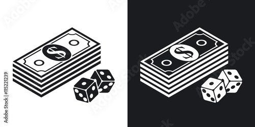 Vector bundle of dollars and dices icon. Two-tone version on black and white background