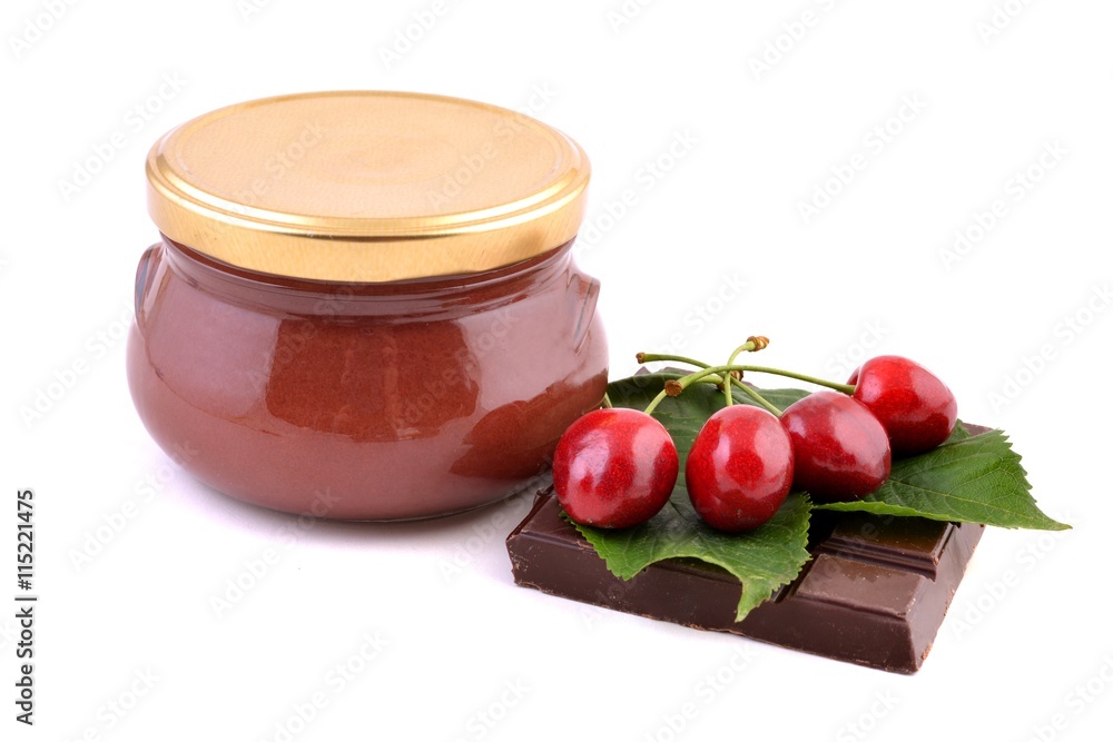 Cherry jam in jar with chocolate. Cherry jam in jar with chocolate.