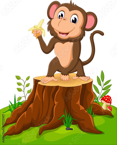 Cartoon funny monkey holding banana on tree stump