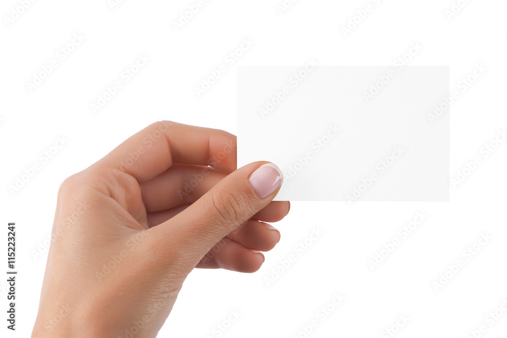 Business card in female hand isolated at white background. Business card in female hand isolated at white background.