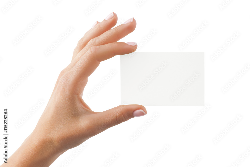 Business card in female hand isolated at white background. Business card in female hand isolated at white background.