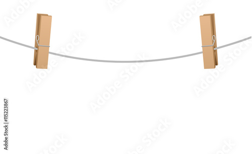 Two wooden clothespins clipped on a clothesline rope.