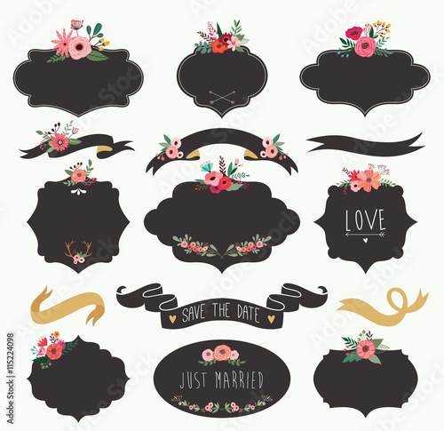 Wedding labels collection with flowers and ribbons.