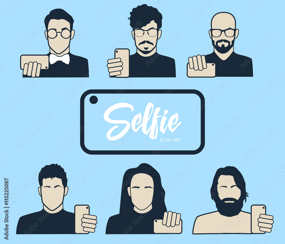 Fototapeta premium Guys taking self photo - icons set. Hipsters do selfie. Mustache, Beard and Hair Style. Vector illustration.