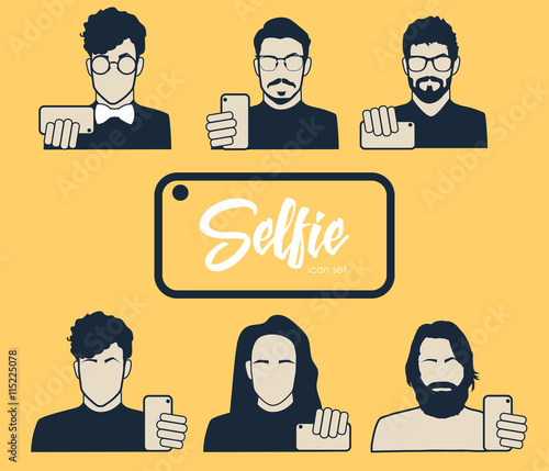 Guys taking self photo - icons set. Hipsters do selfie. Mustache, Beard and Hair Style. Vector illustration.