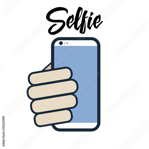 Phone icon with hand and lettering text "Selfie". Vector illustration.