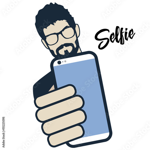 Guy taking self photo. Hipster do selfie. Mustache, Beard and Hair Style. Vector illustration.