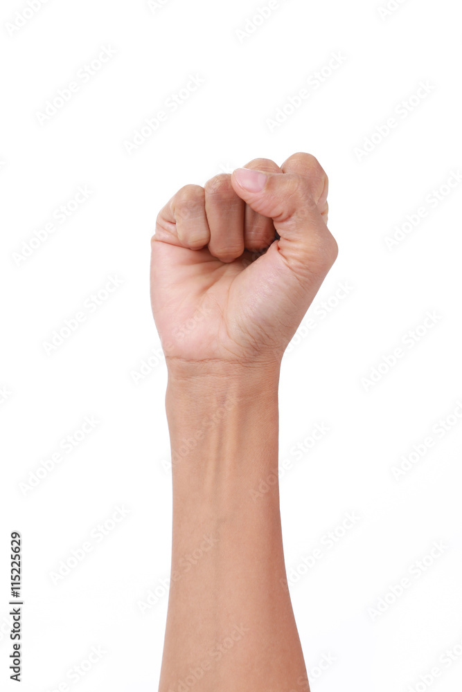 A clenched fist held high in protest.Punching fist on white background A clenched fist held high in protest.Punching fist on white background