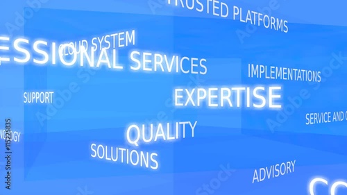 Information technology word tag cloud - blue variant, loop able, 3D rendering, UHD