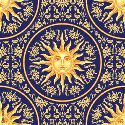 Celestial baroque seamless pattern with sun face