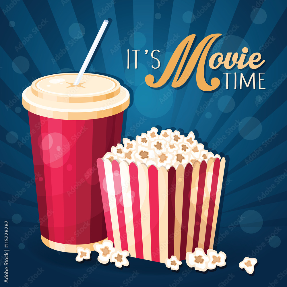 Fototapeta premium Movie time background with popcorn box and cola