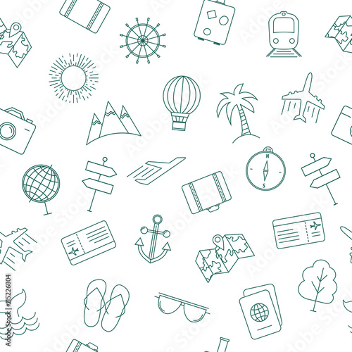 Travel theme seamless pattern with thin line elements