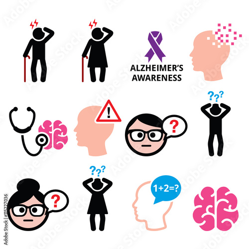 Seniors health - Alzheimer's disease and dementia, memory loss icons set