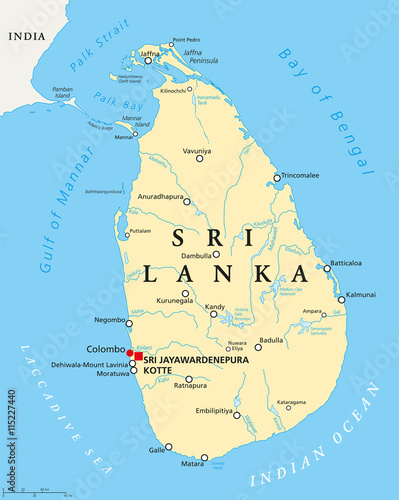 Sri Lanka political map with capitals Sri Jayawardenepura Kotte and Colombo, important cities, rivers and lakes. Former known as Ceylon, island country in South Asia. English labeling. Illustration.