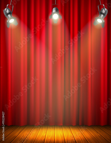 Illuminated Empty Stage With Red Curtain 