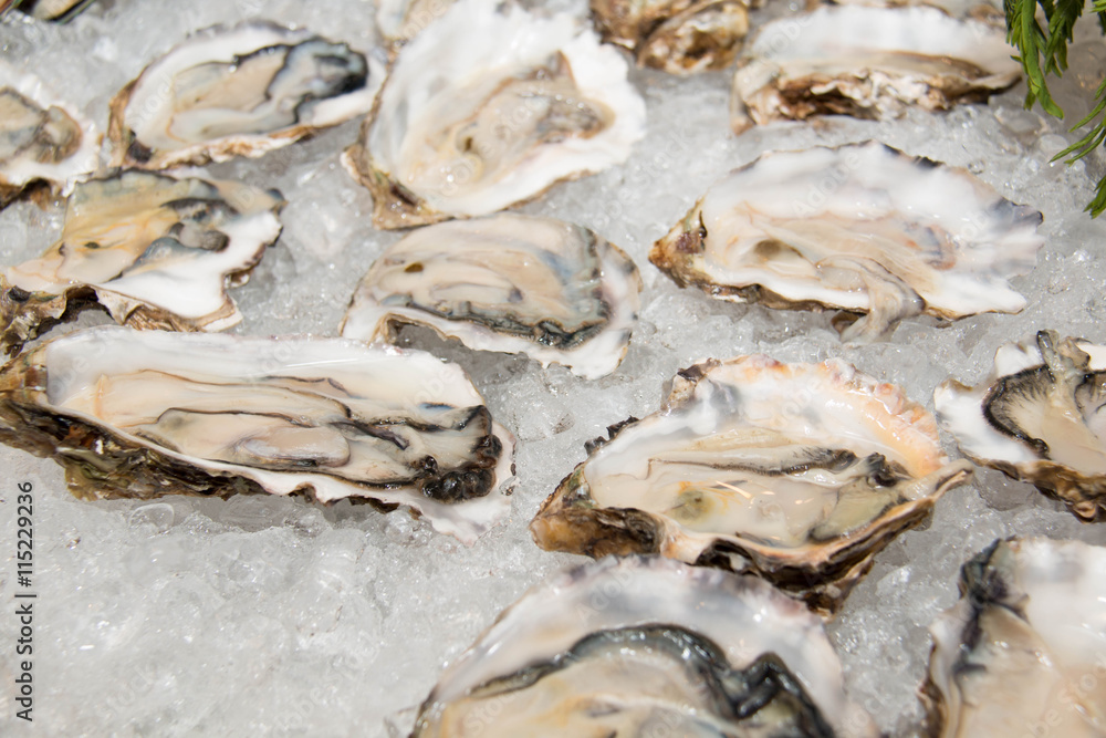 Fresh half-shell oyster on ice