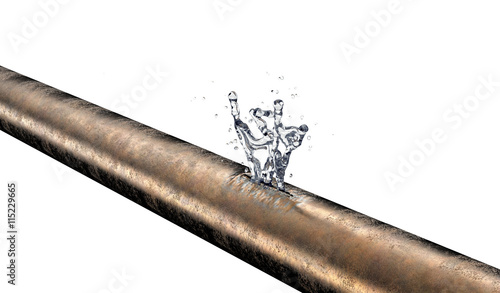 bursted copper pipe with water leaking out