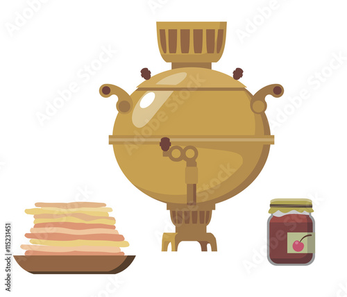 Samovar and russian traditional food. Welcome to Russia.