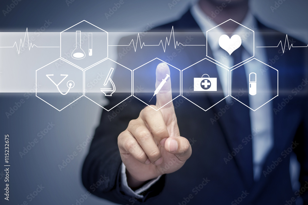 Close up of businessman touching digital screen with finger Close up of businessman touching digital screen with finger