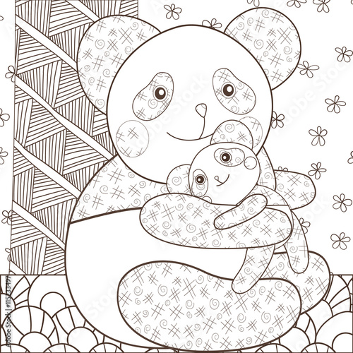 Fototapeta Naklejka Na Ścianę i Meble -  Coloring page cute panda hugging his baby. Whimsical line art vector illustration. brown outline.