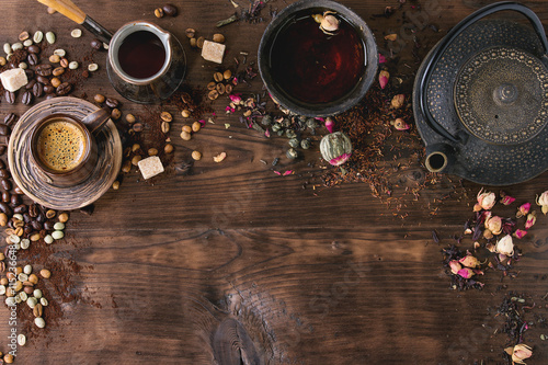 Assortment of tea and coffee as background