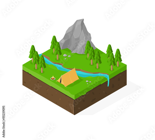 Isometric vector illustration of a forest campsite in rural setting.
Rural Camping landscape.