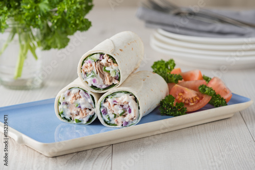 Tuna wraps with cucumber onion and mayonnaise