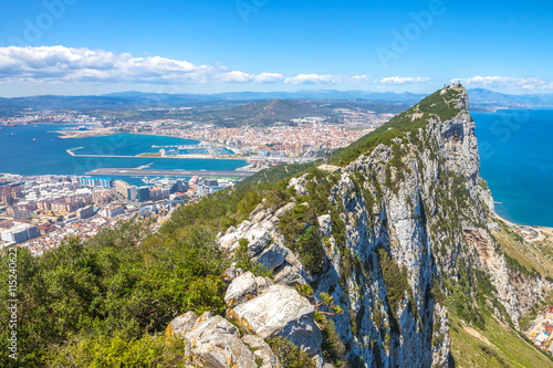 Aerial view of top of Gibraltar Rock. Gibraltar is a territory of South West Europe which is part of the United Kingdom. photo