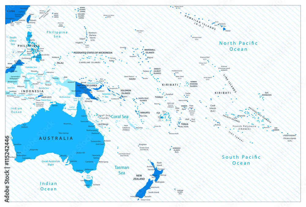 Australia and Oceania detailed map blue colors Australia and Oceania detailed map blue colors