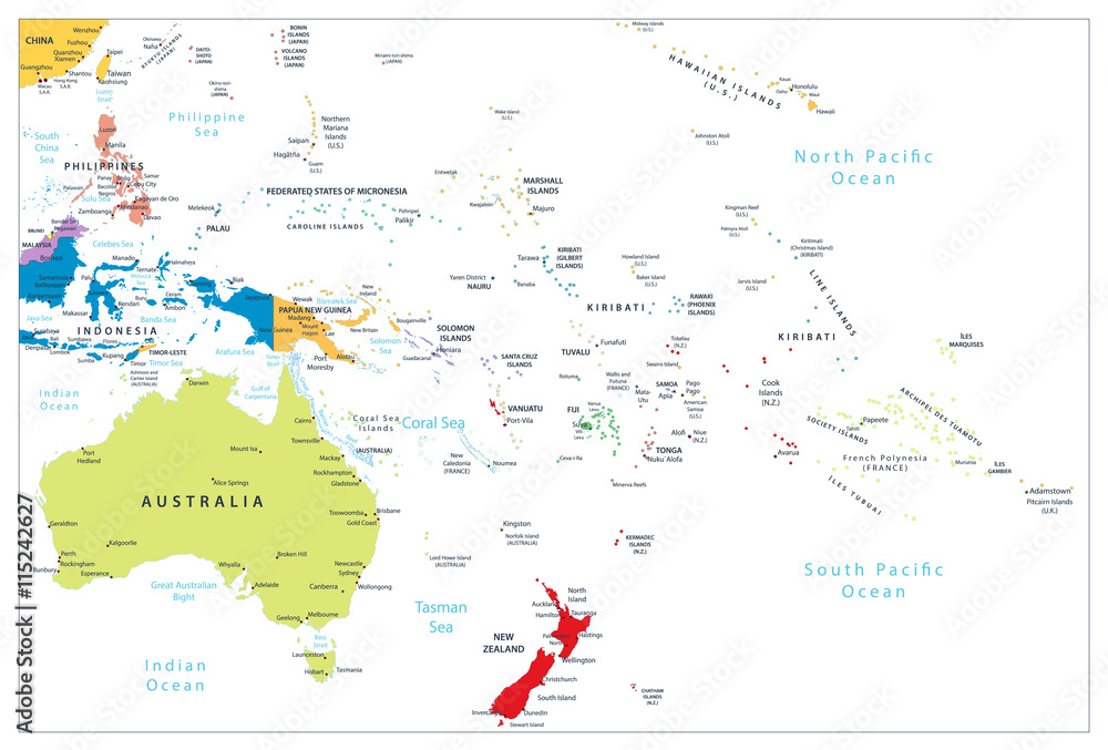 Australia and Oceania detailed political map isolated on white